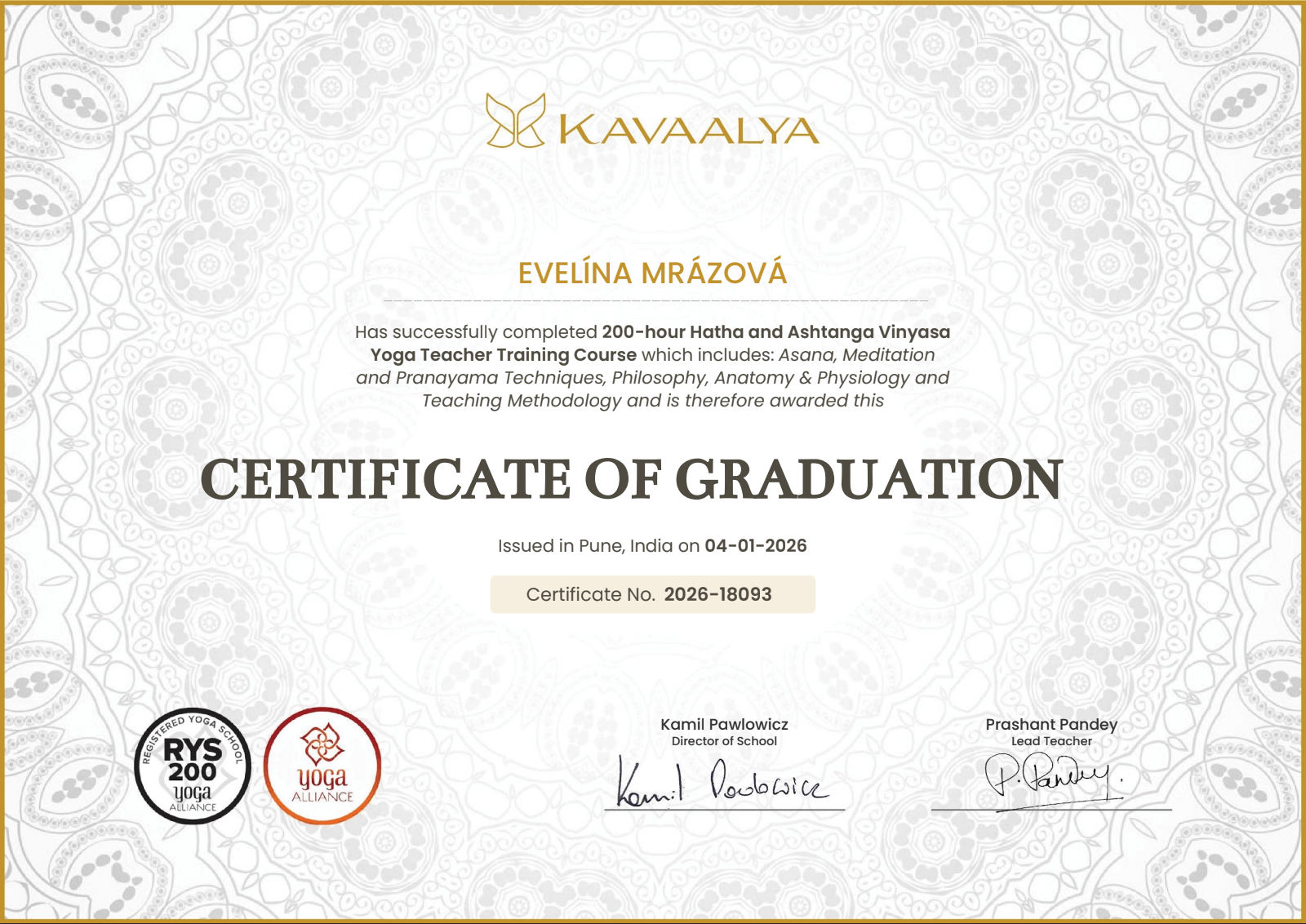 Certifikát – RYT 200 – Registered Yoga Teacher